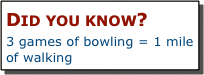 Did you know?
3 games of bowling = 1 mile of walking 